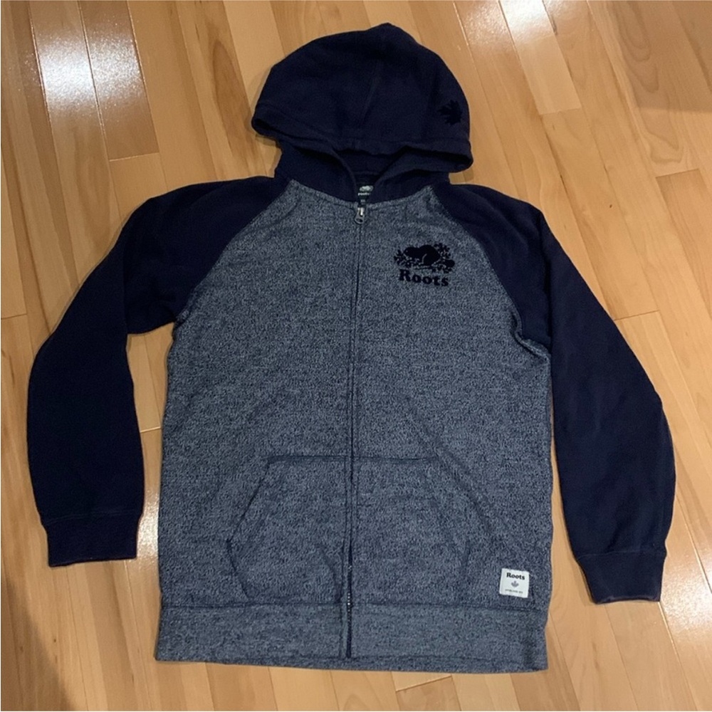 EUC Roots Organic Original Navy Blue Speckled Full Zip Hoodie - size XXL (13/14)